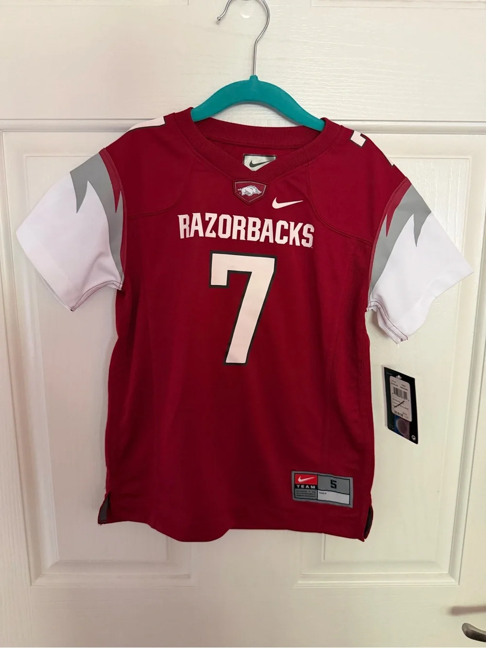 Nike Kids Arkansas Razorbacks Cardinal Red and White #7 Football Jersey